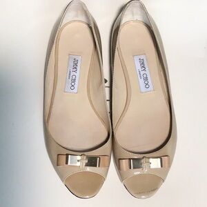 Jimmy Choo Beige Patent Leather Ballet Flats with Gold Trim